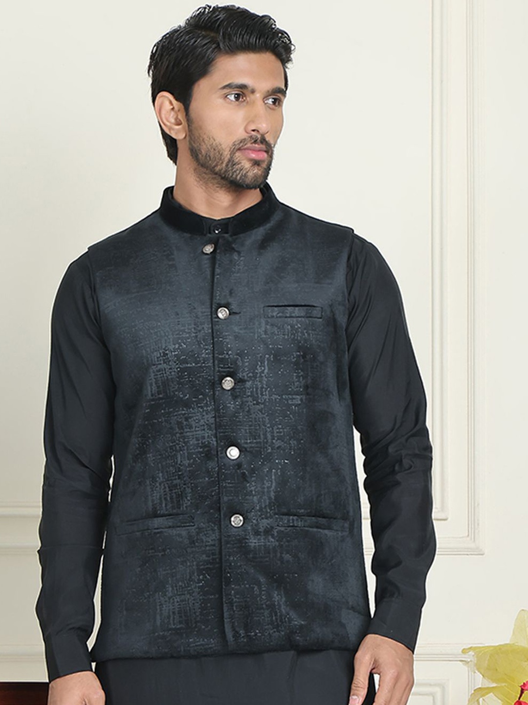 

Anouk Woven Mandarin Collar Neck Nehru Jacket, Black