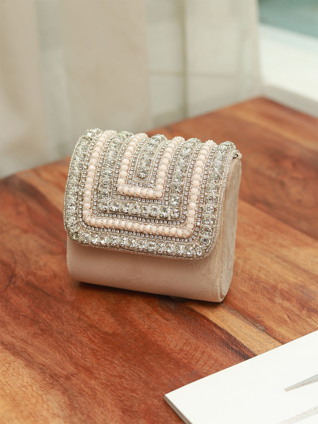 

THE TAN CLAN Embroidered Foldover Clutch, Beige