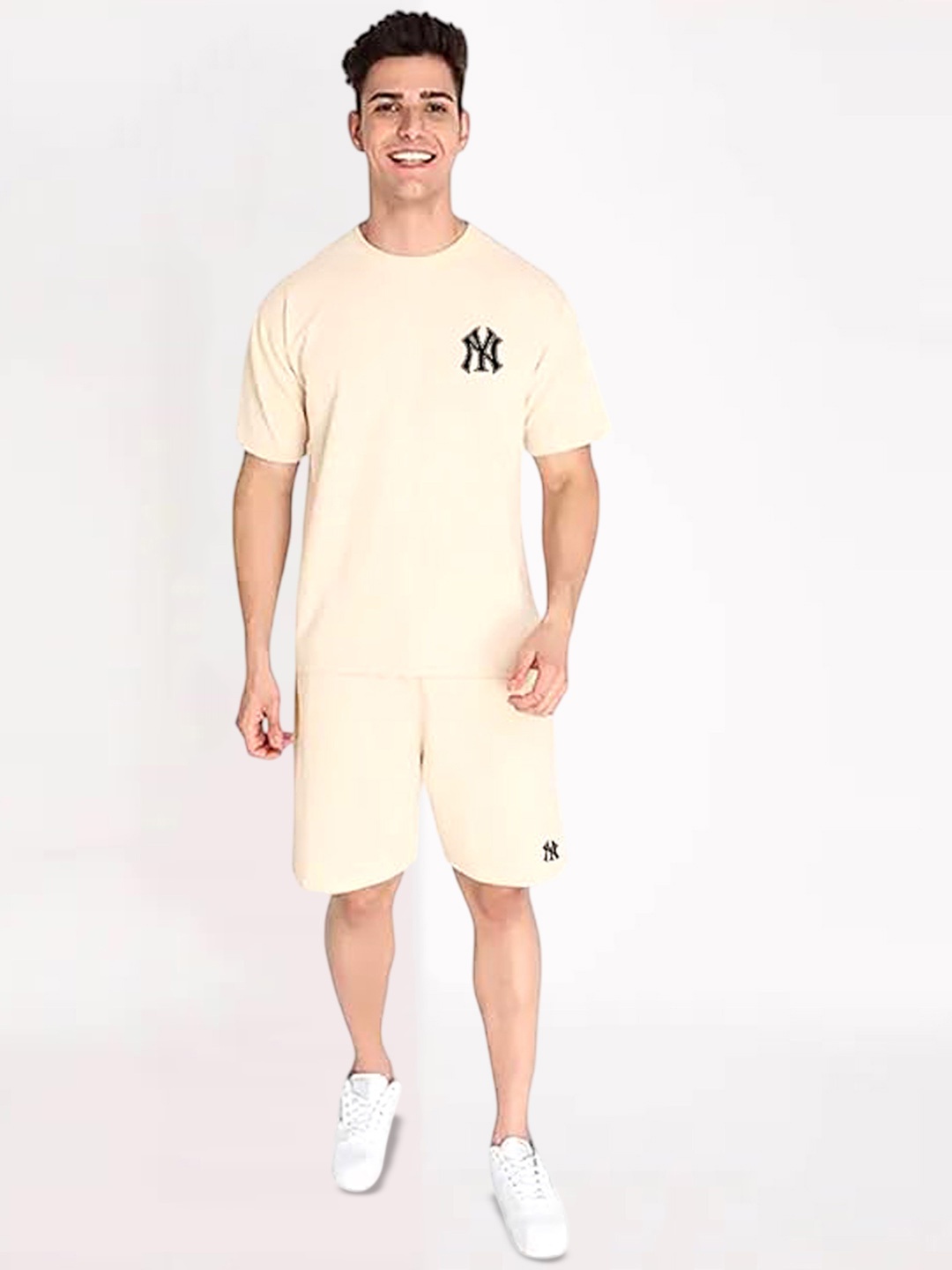 

ELLITI New York Printed Pure Cotton Round Neck Half Sleeves T-shirt With Shorts Co-Ords, Cream