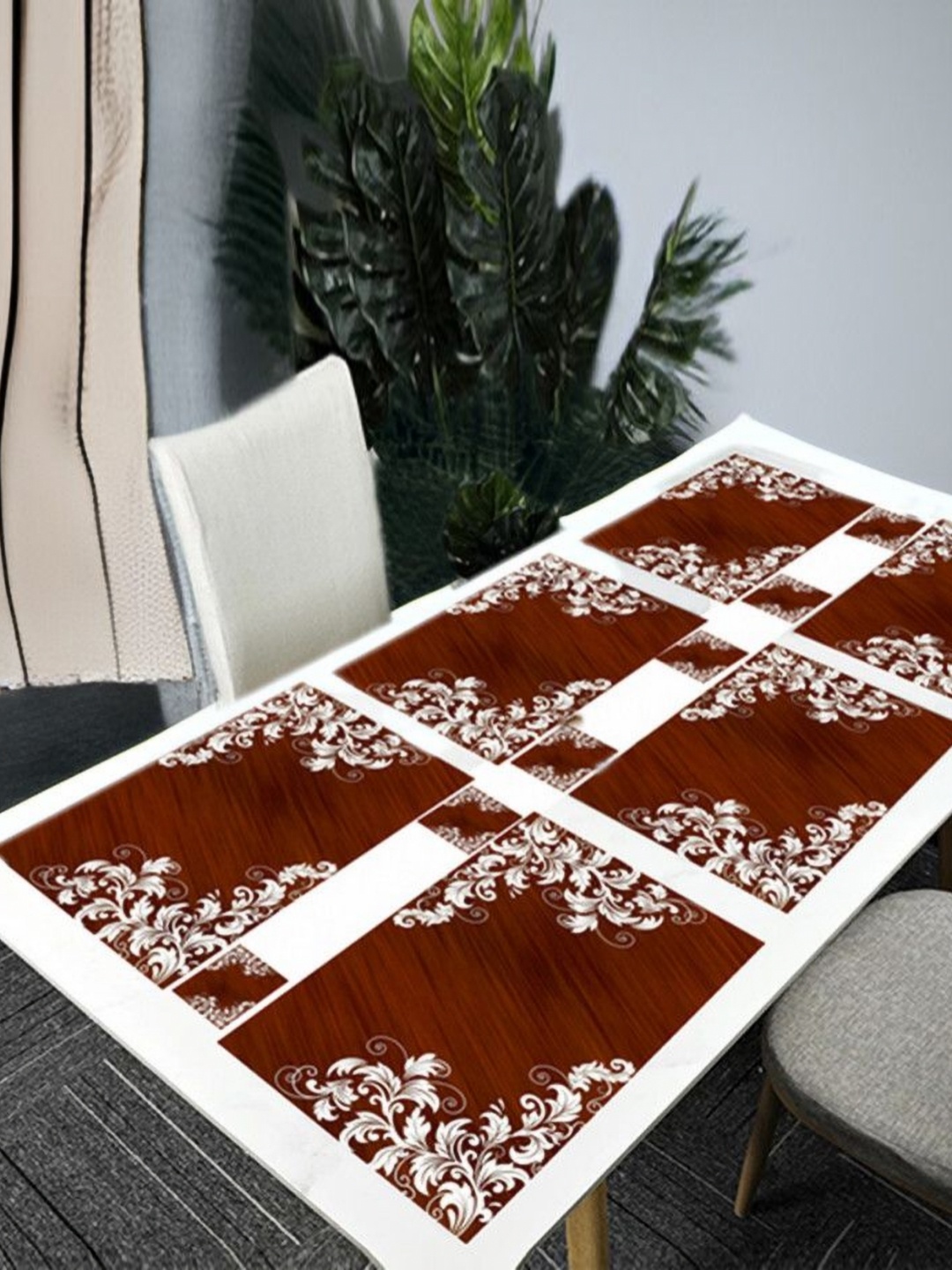 

REVEXO Brown & White 12 Pcs Floral Printed Rectangular Shaped Coasters & Table Placemats