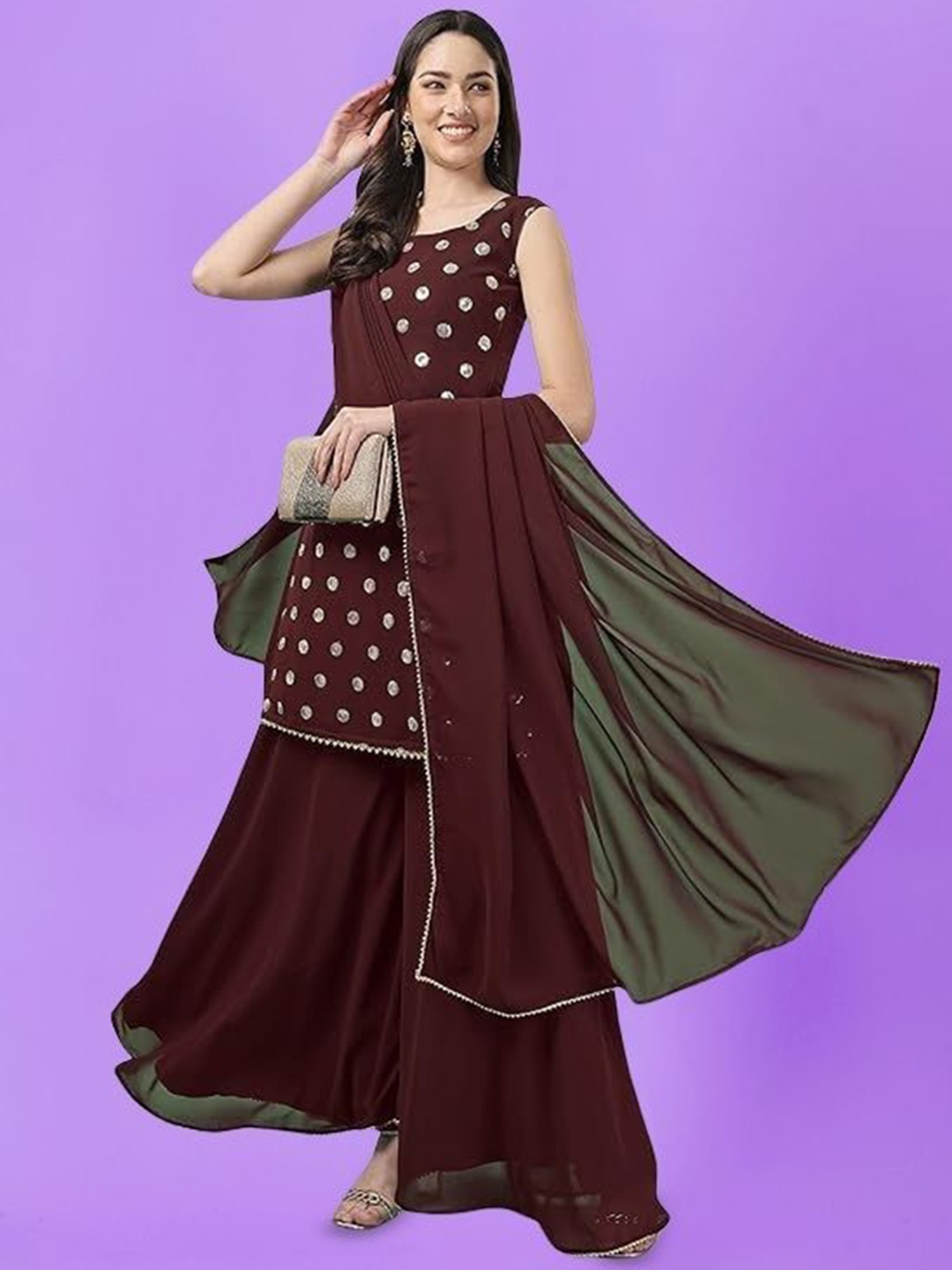 

PARROT CREATION Women Embroidered Regular Sequinned Kurti with Sharara & With Dupatta, Brown