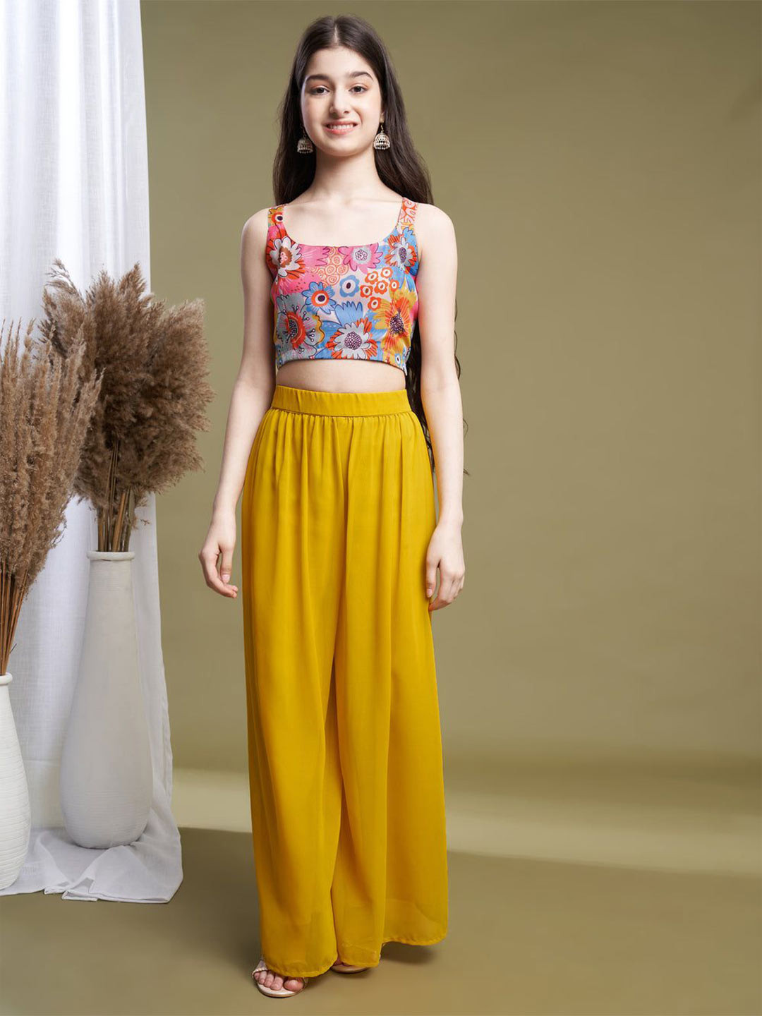 

BAESD Girls Printed Sleeveless Top With Palazzo & Shrug, Yellow