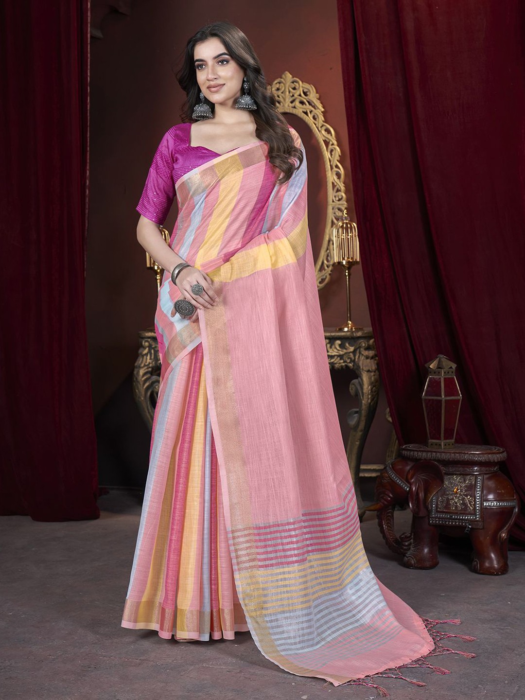 

Sangria Woven Design Pure Cotton Saree With Blouse Piece, Pink