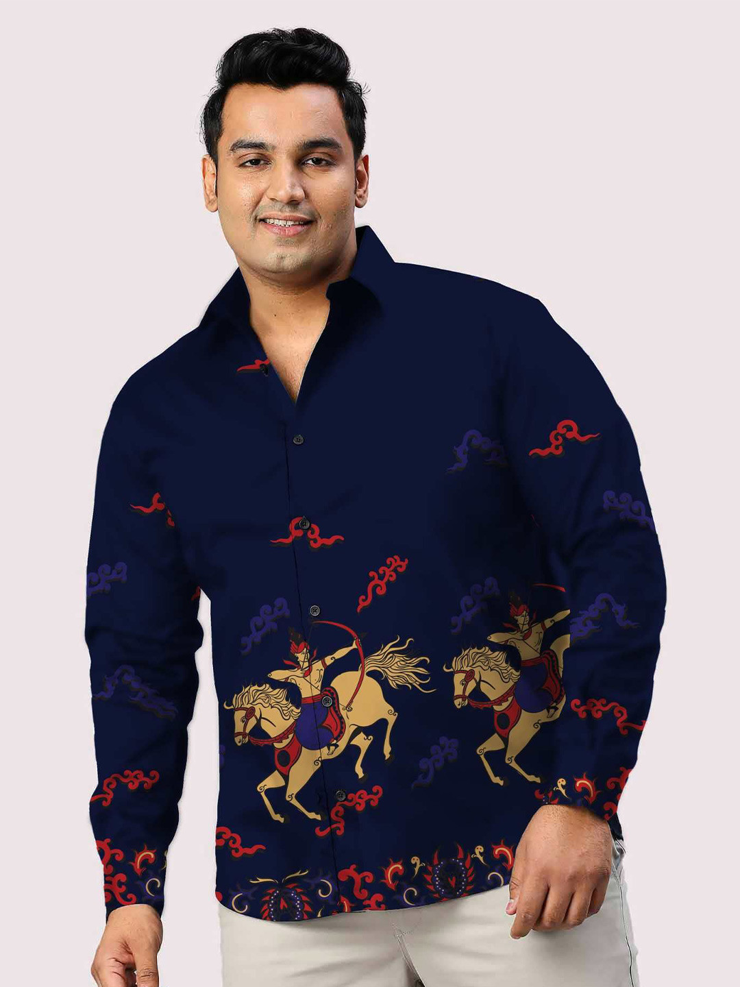 

Guniaa Men Plus Size Classic Fit Spread Collar Graphic Printed Cotton Party Shirt, Navy blue