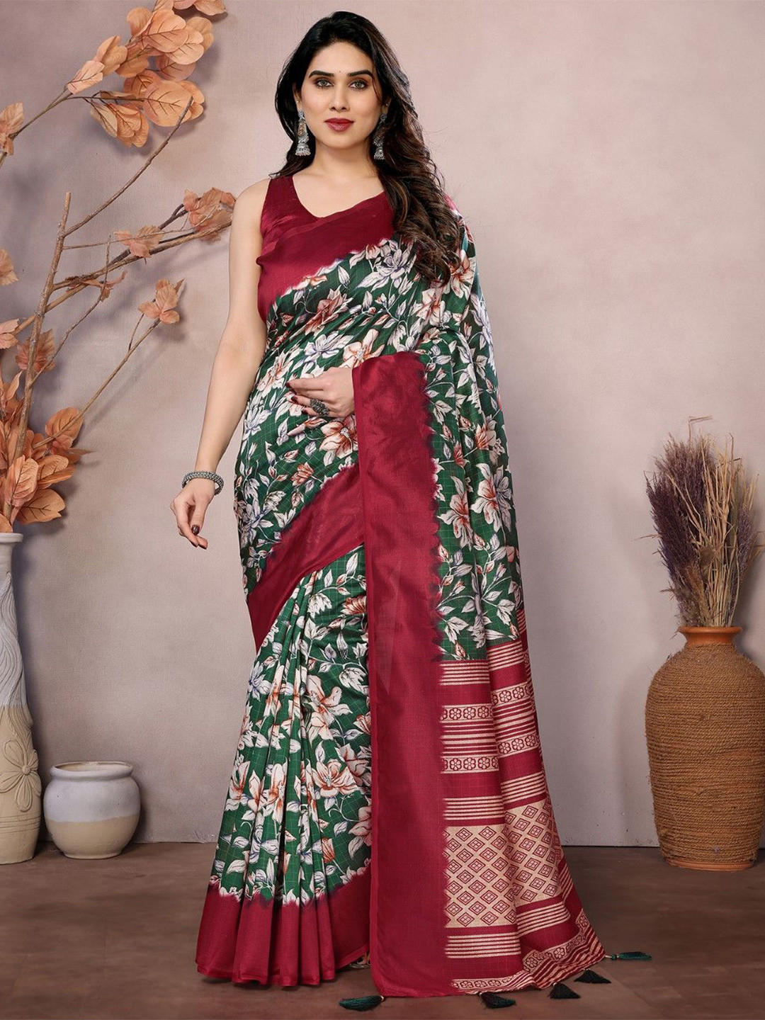 

KALINI Floral Printed Tassels Detail Saree, Green