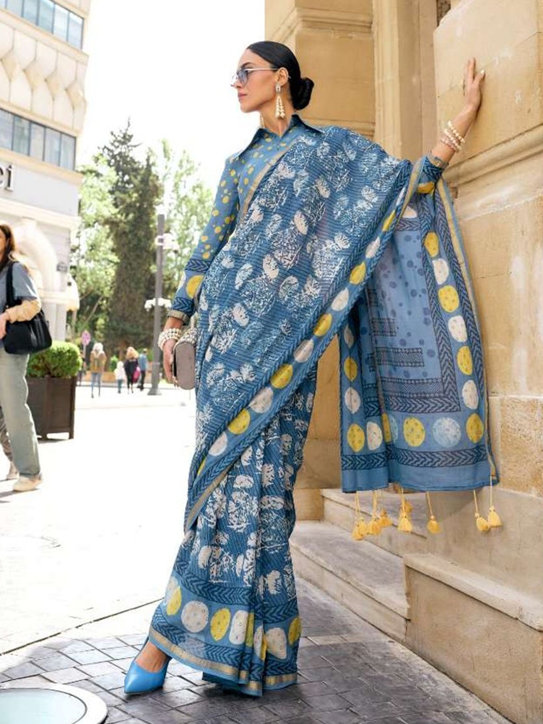 

Suha Ethnic Motifs Printed Zari Pure Cotton Saree, Blue