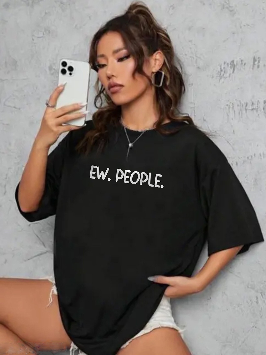 

TOGS & TERRE Women Typography Printed Round Neck Cotton Oversized T-shirt, Black