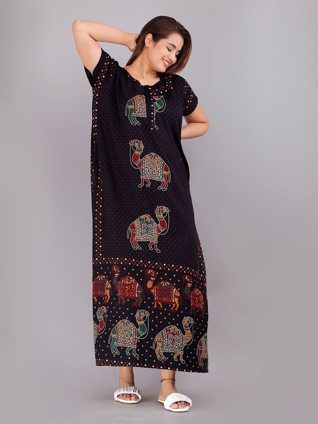 

PR PINK ROYAL Women Pure Cotton Maxi Kaftan Nightdress, Blue