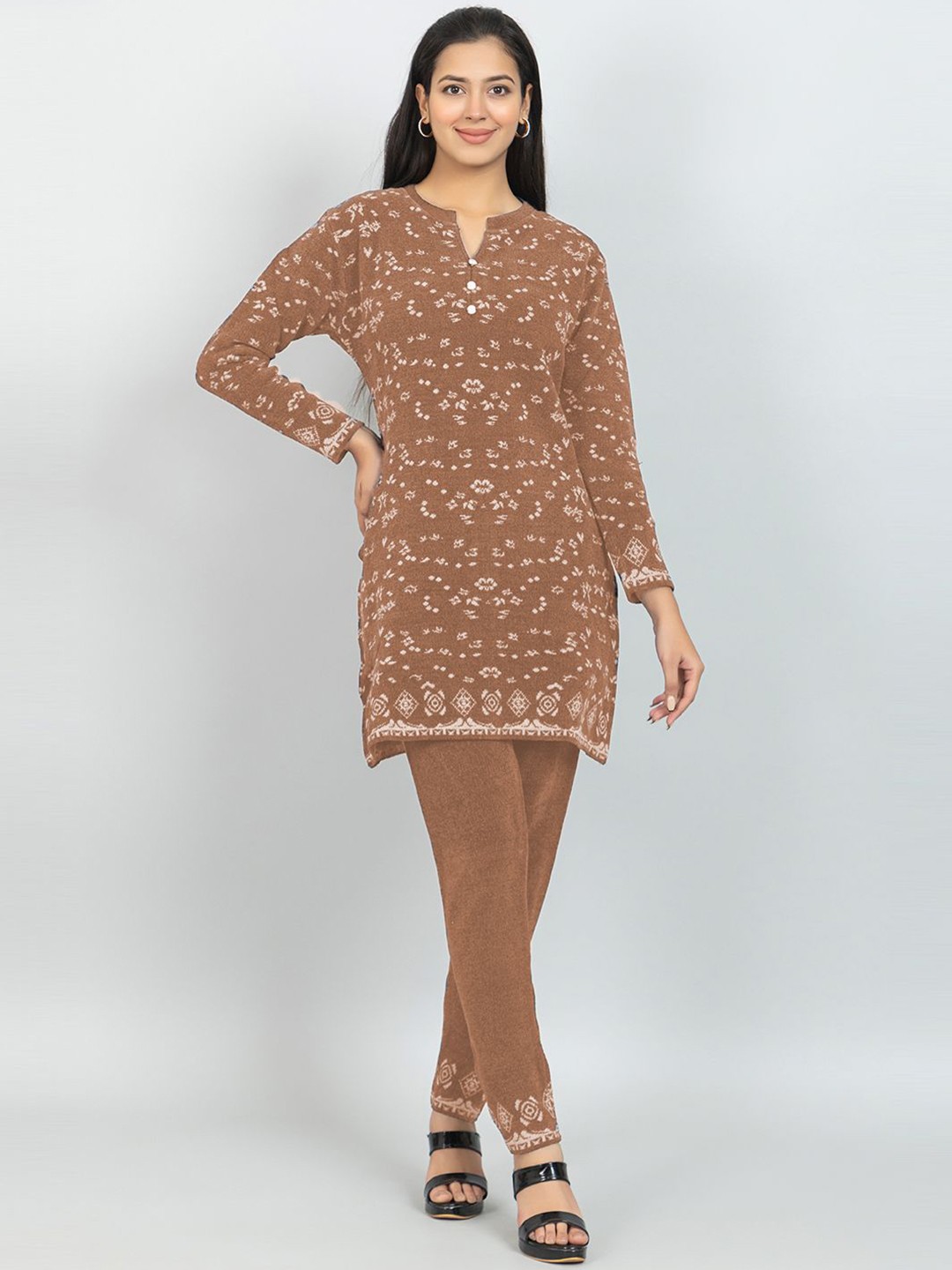 

Wool's Kart Printed Mandarin Collar Tunic With Trouser, Brown