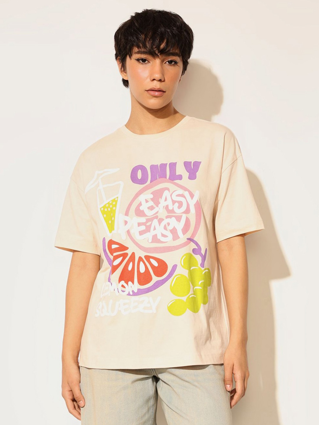 

ONLY Women Graphic Printed Round Neck Cotton T-shirt, Beige
