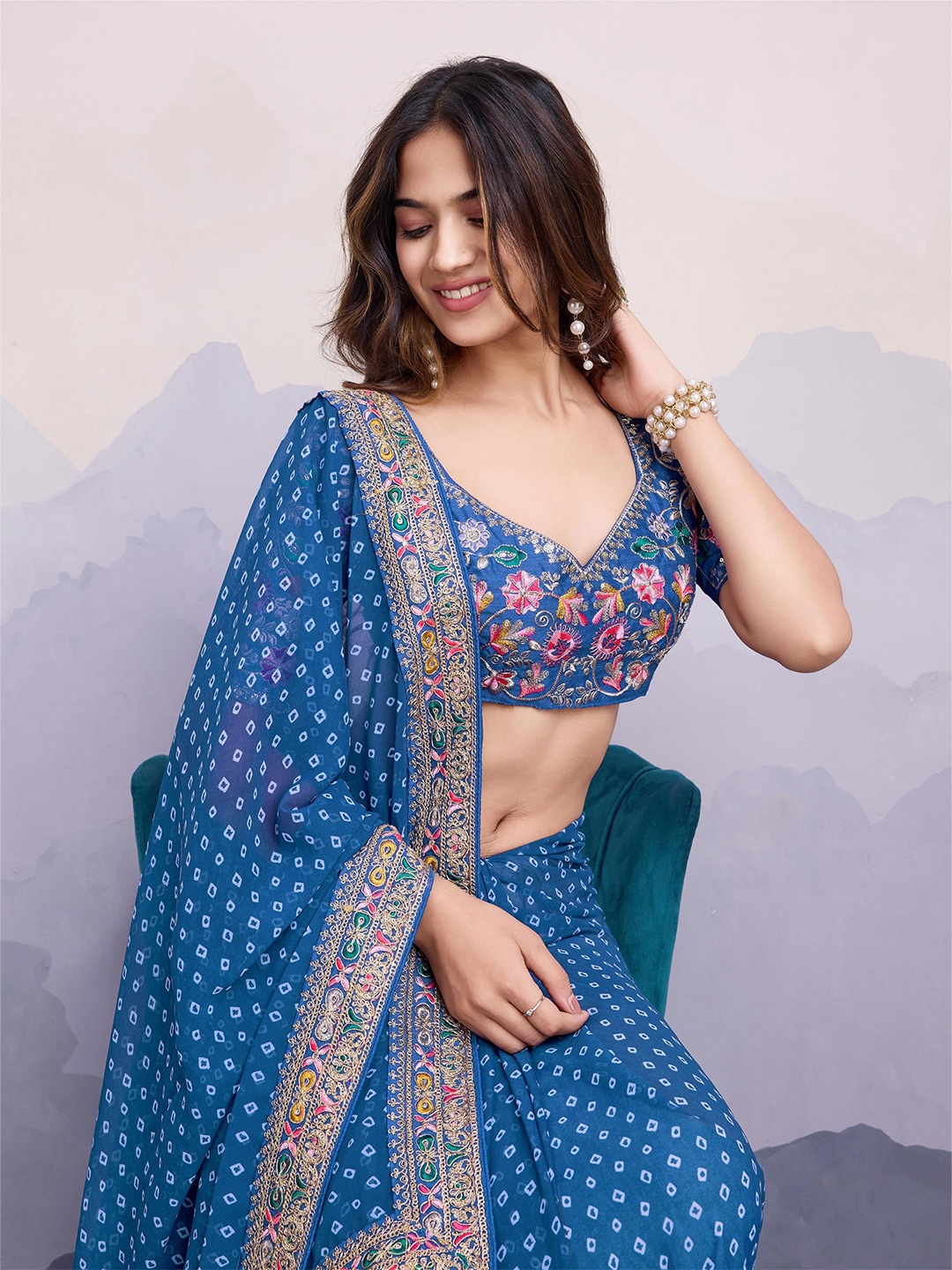 

HERE&NOW Bandhani Printed Embroidered Saree, Teal
