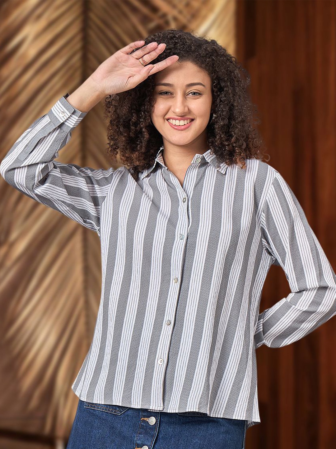 

DressBerry Women Relaxed Fit Spread Collar Vertical Striped Casual Shirt, White