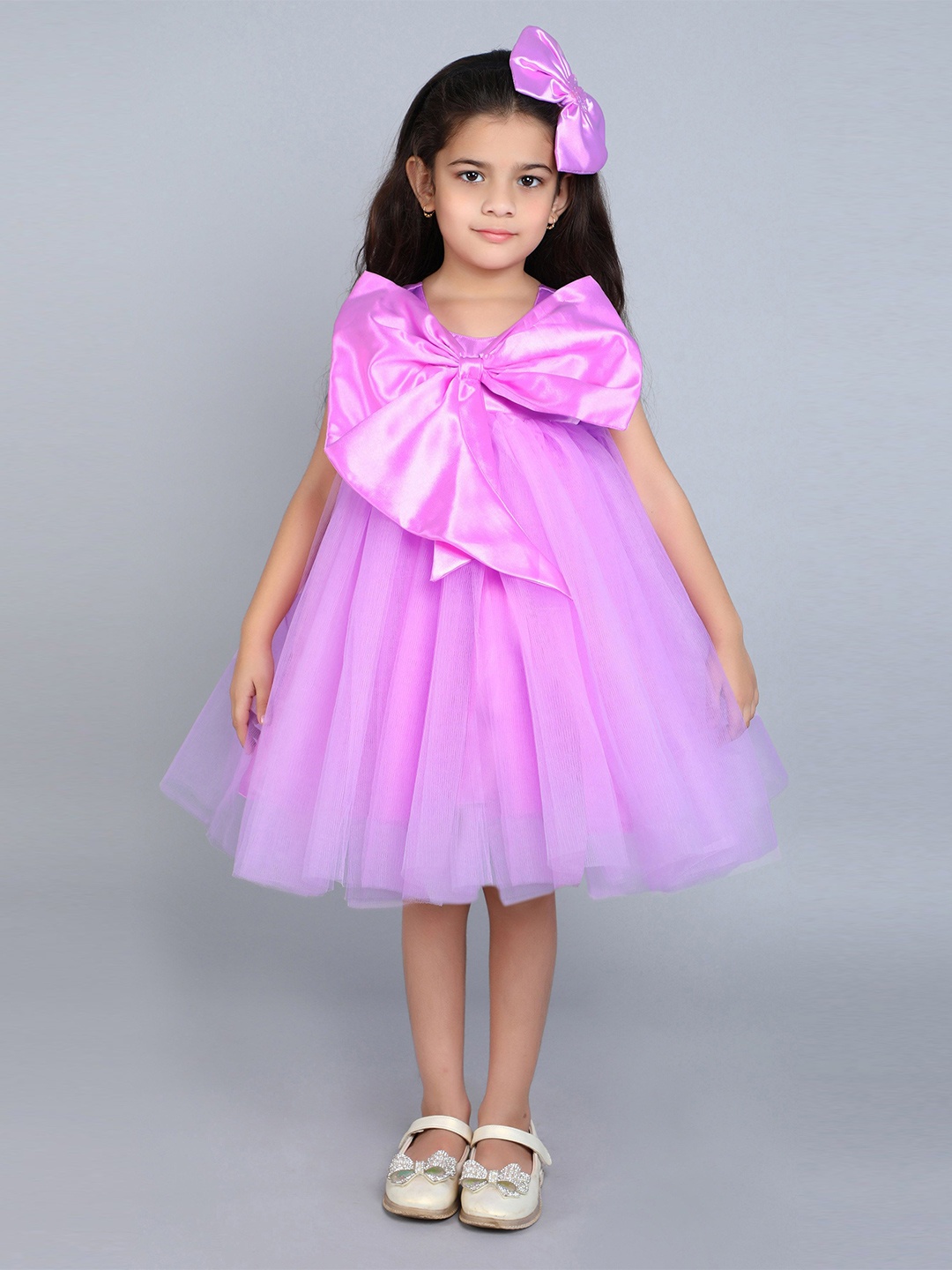 

Pink Chick Girl Round Neck Sleeveless Fit & Flare Knee Length Big Bow Dress, Lavender