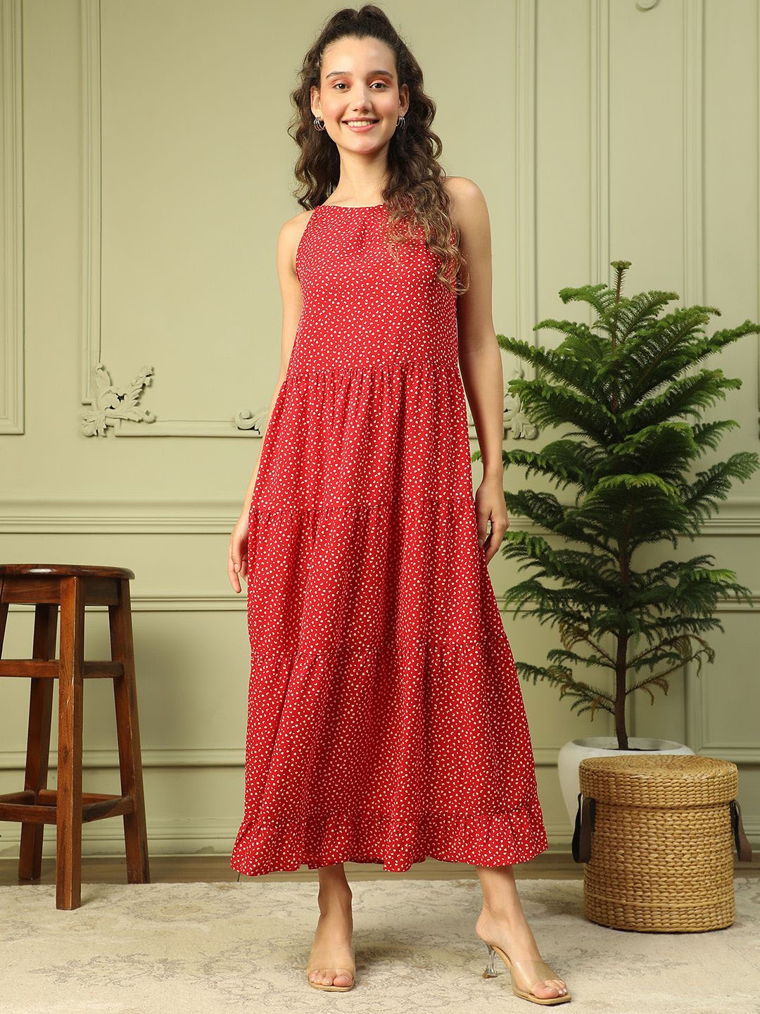 

Oxolloxo Polka Dot Print Layered Crepe Fit & Flare Maxi Dress, Red