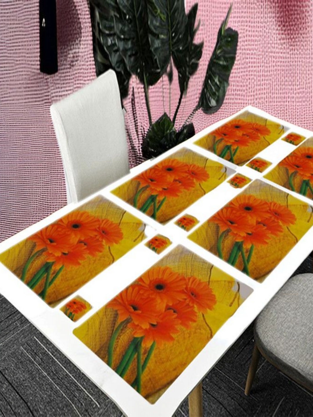 

REVEXO Orange & Yellow 12 Pieces Floral Printed Table Placemats & Coasters