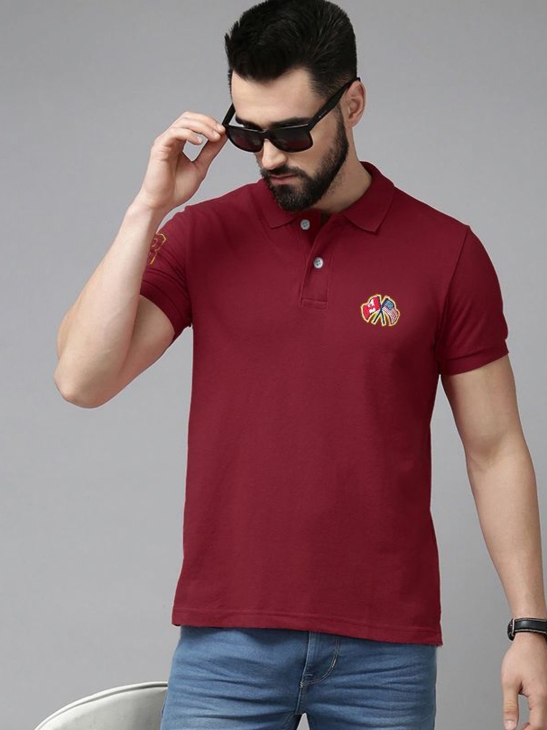 

MERRIMENT Men Solid Polo Collar Cotton T-shirt, Maroon