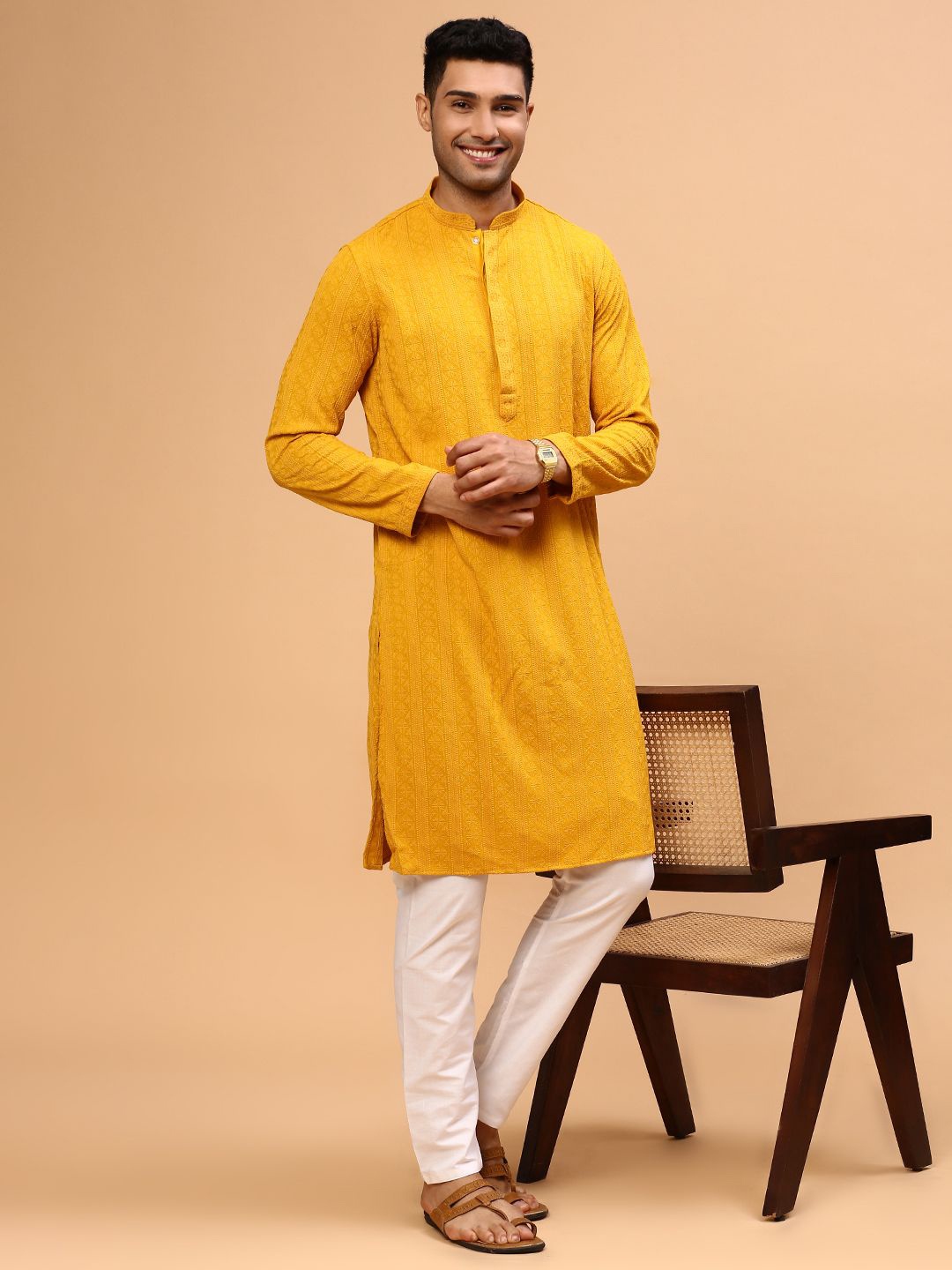 

CS EL Embroidered Mandarin Collar Cotton Jacquard Straight Kurta, Yellow