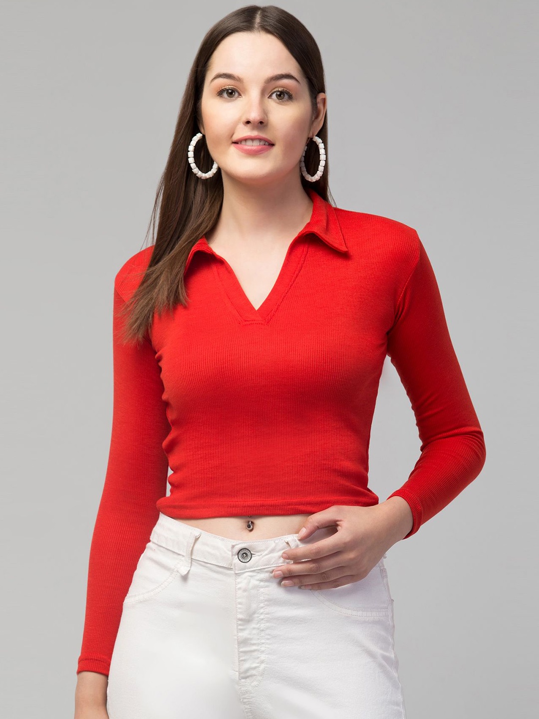 

Swaggish Women Solid Shirt Collar Fitted Crop Top, Red