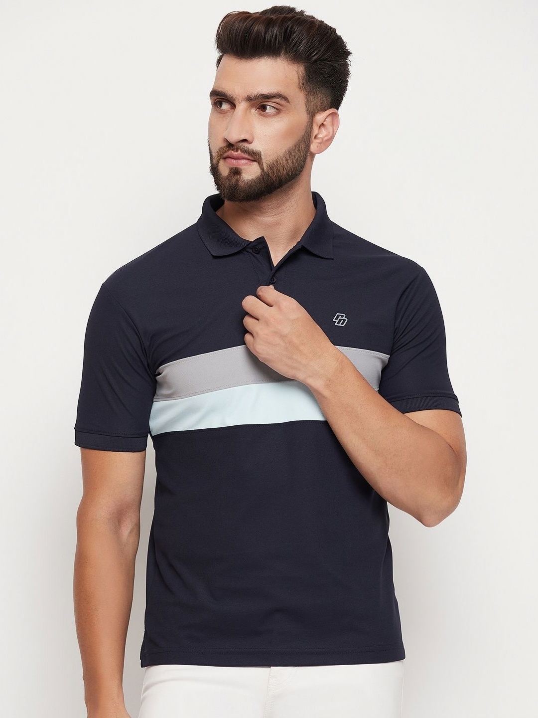 

RENUOVO Men Colourblocked Polo Collar Cotton T-shirt, Navy blue