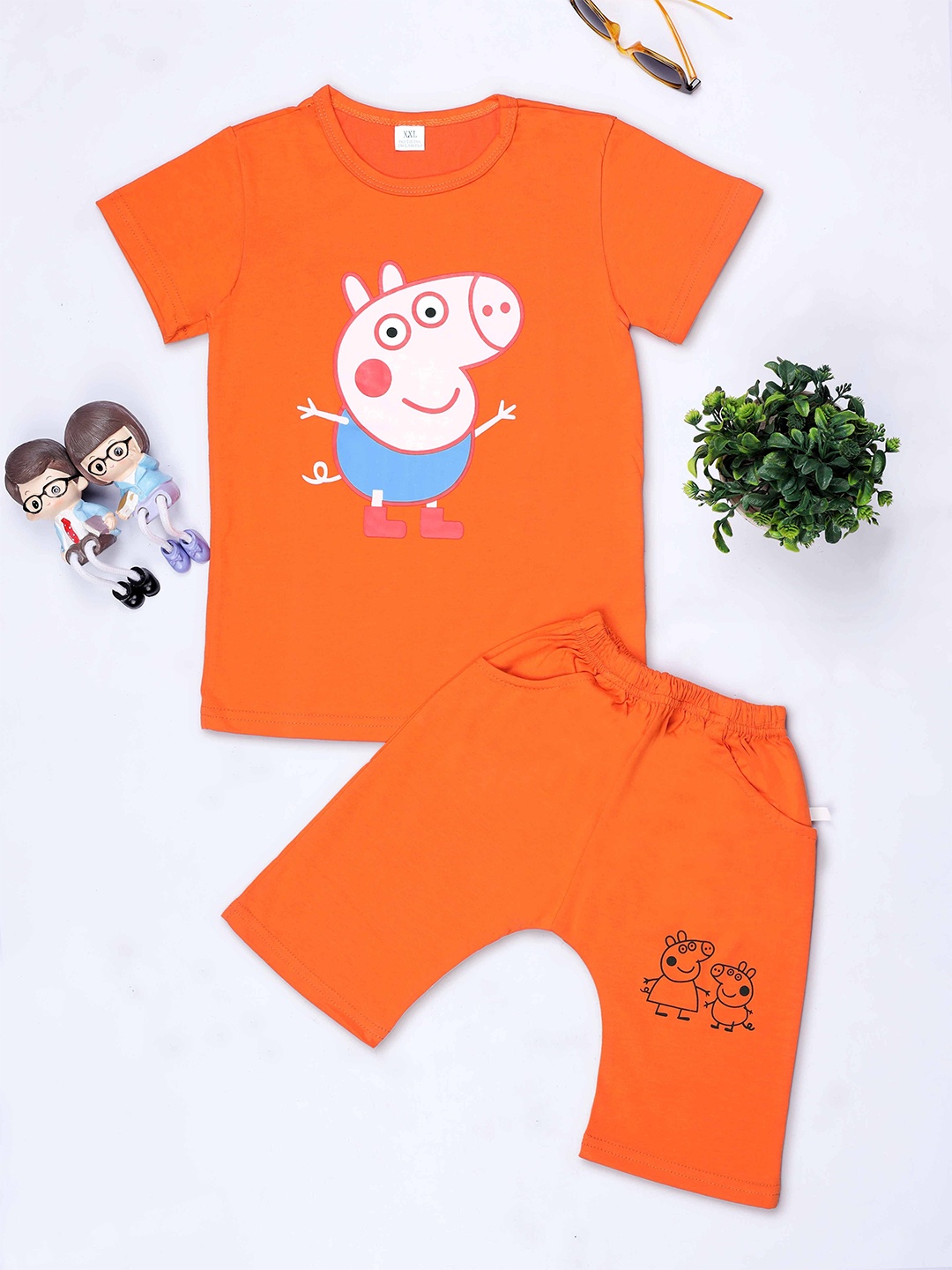 

YK Boys Printed Round Neck Pure Cotton T-Shirt With Trouser, Orange