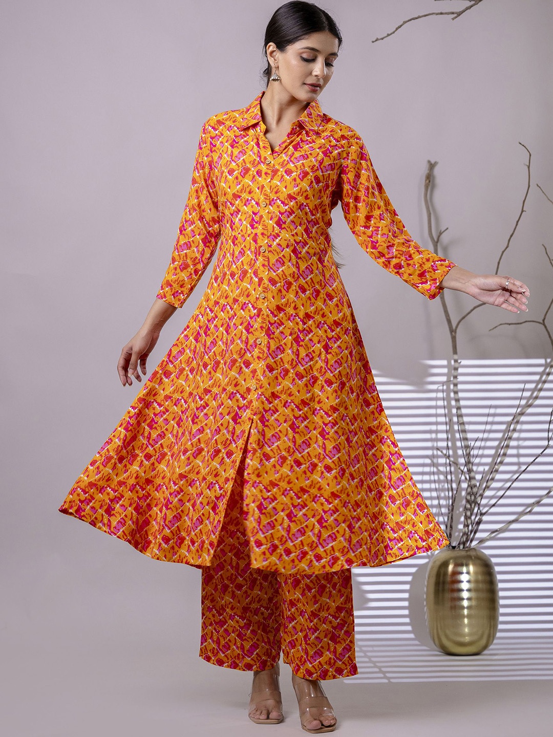 

Mokshi Printed Pure Cotton Shirt Collar Three-Quarter Sleeved Tunic & Palazzo Co-Ord Set, Orange