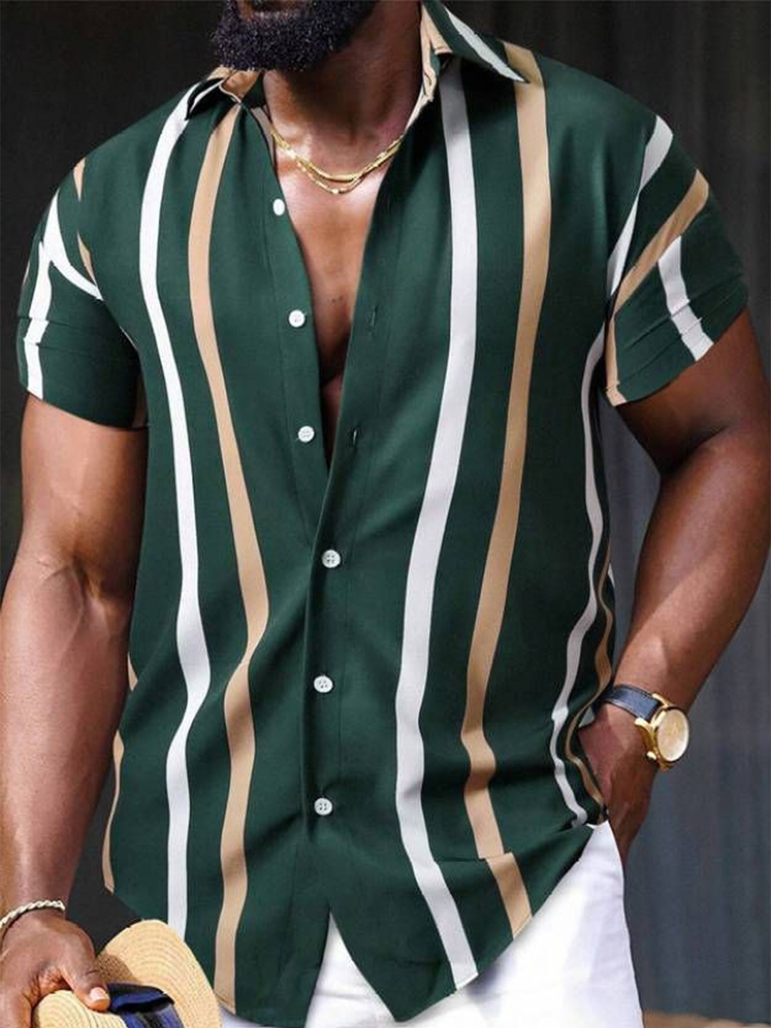 

iCome Men Spread Collar Vertical Striped Cotton Linen Casual Shirt, Green