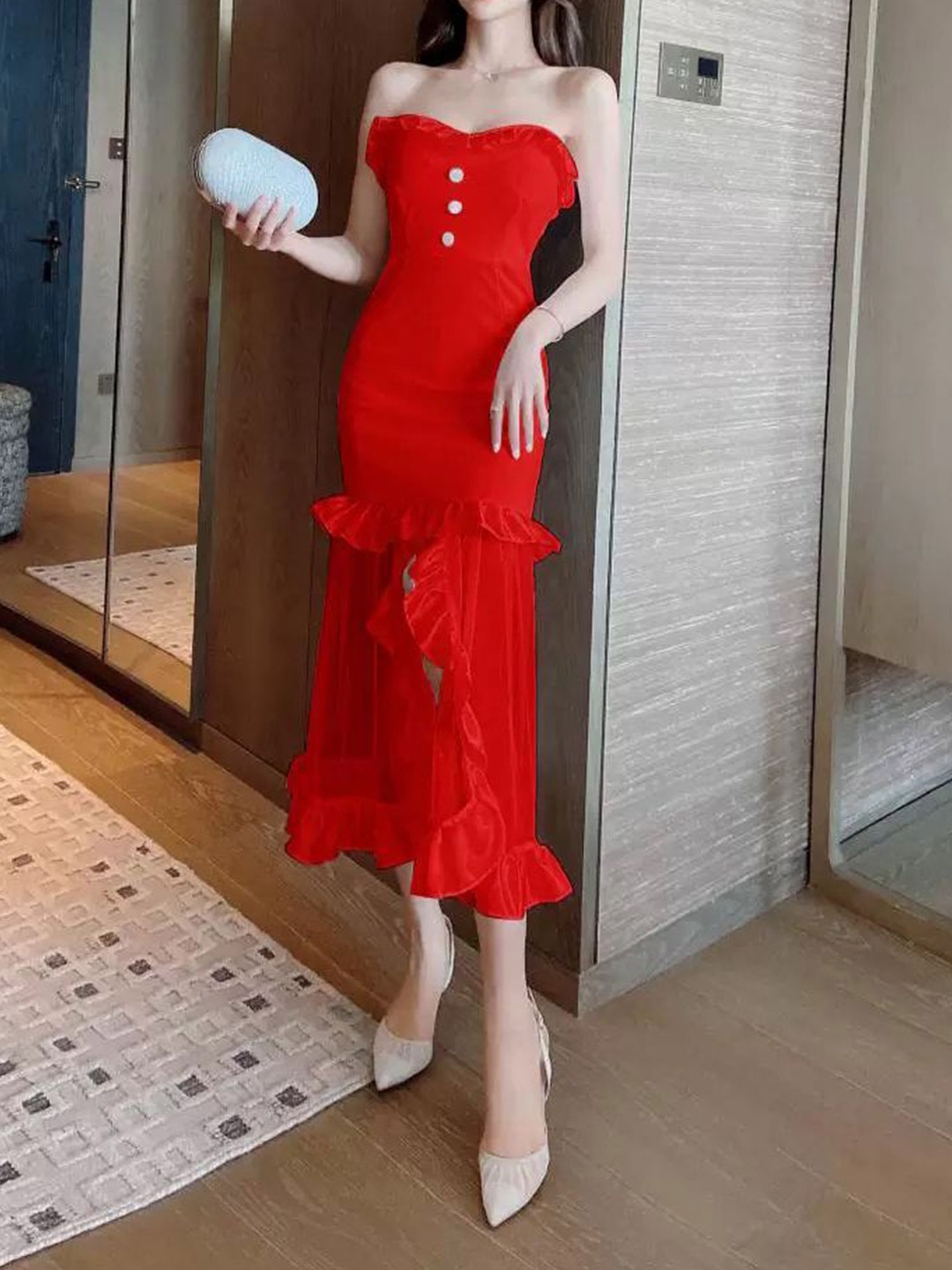 

MADE FOR HER LABEL SIBASA Women Tube Ruffle Midi Red Dress