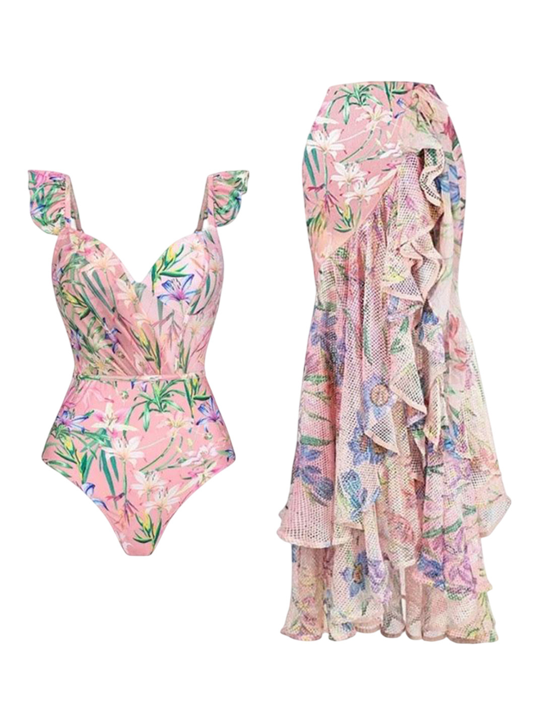 

Alamode By Akanksha Printed Pink Hubo Spritzer Swimsuit with Ruffled Skirt Cover up Set