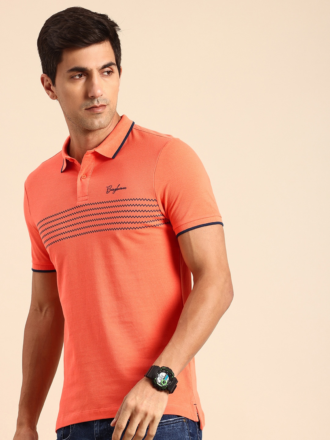 

Being Human Pure Cotton Striped Polo Collar T-shirt, Orange