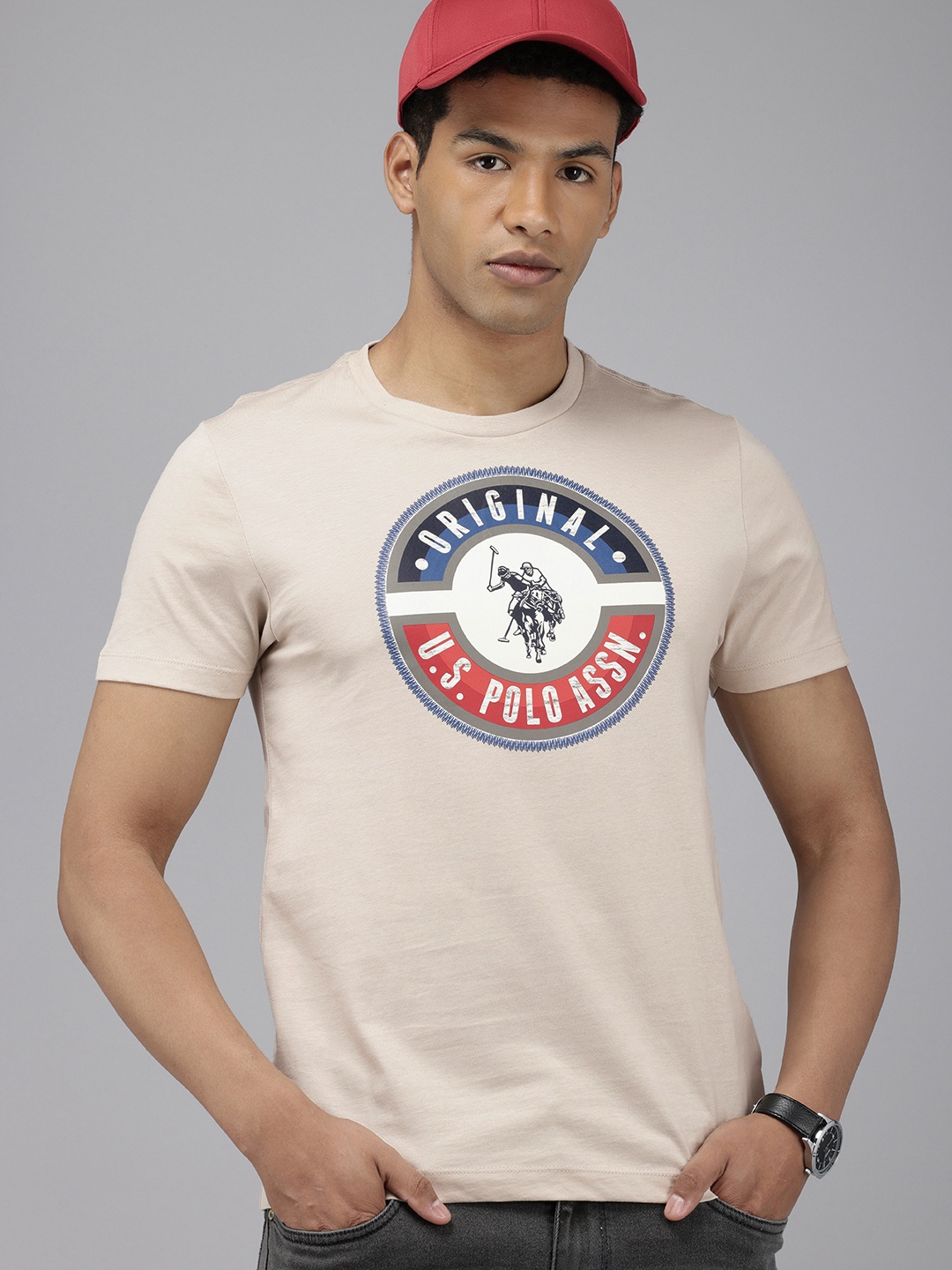 

U.S. Polo Assn. Denim Co. Pure Cotton Brand Logo Printed Slim Fit T-shirt, Beige