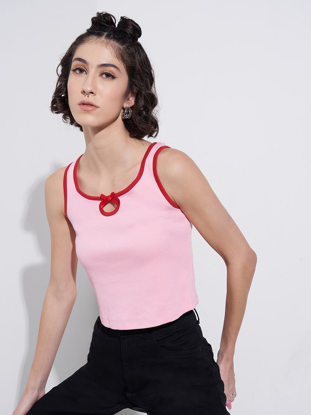 

SF JEANS by Pantaloons Women Solid Keyhole Neck Cotton Top, Pink