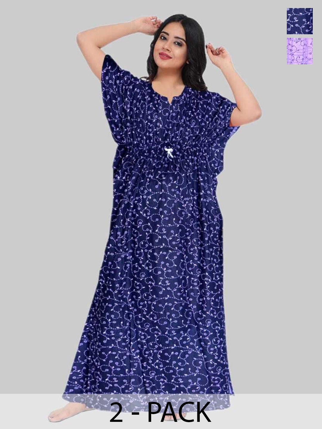 

PR PINK ROYAL Women Pack of 2 Printed Pure Cotton Maxi Kaftan Nightdress, Purple