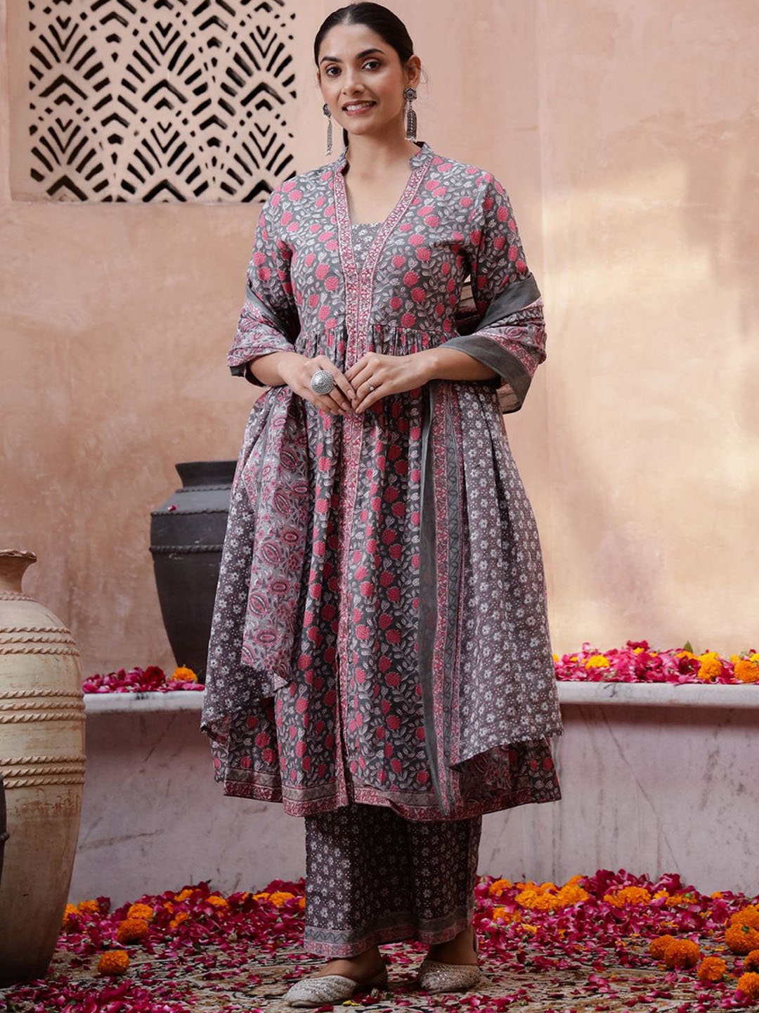 

Sangria Grey Floral Printed Pure Cotton V Neck Pleated Kurta With Trousers And Dupatta