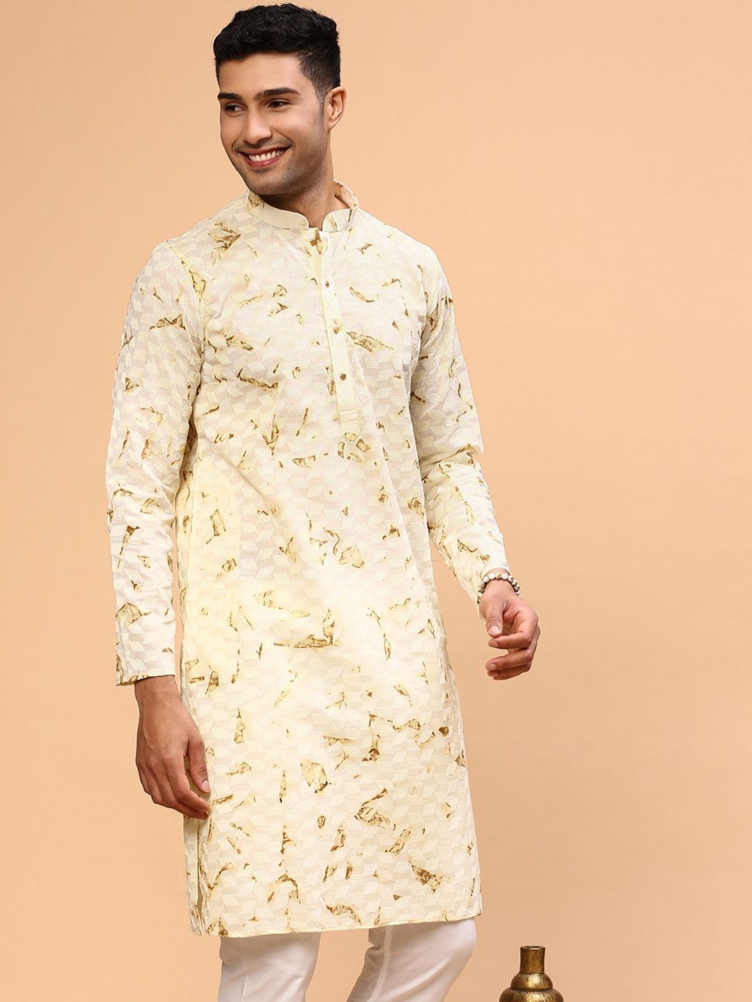 

CS EL Woven Design Mandarin Collar Cotton Jacquard Straight Kurta, Yellow