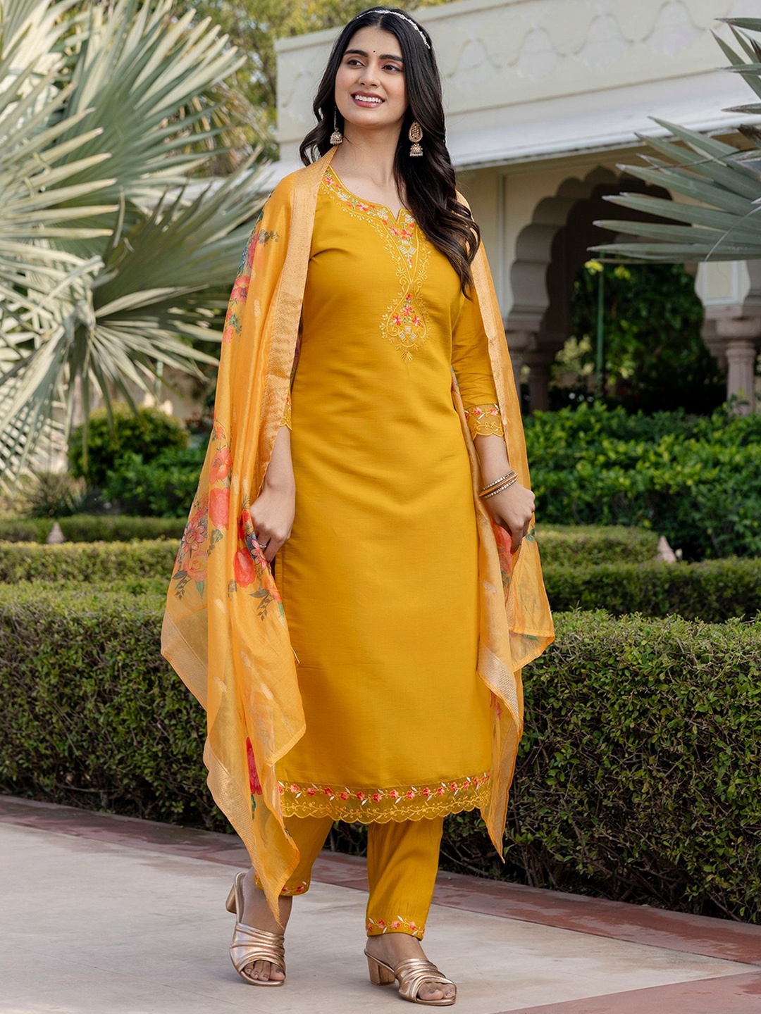 

Navlik Women Floral Embroidered Regular Thread Work Kurta with Trousers & With Dupatta, Mustard