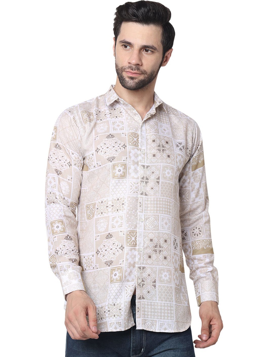 

iCome Men Spread Collar Floral Printed Casual Shirt, Beige