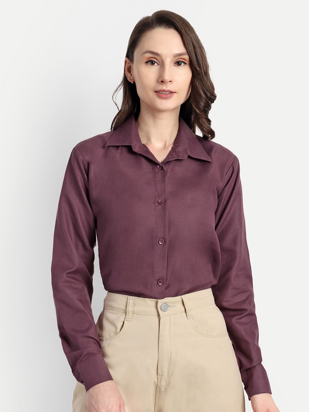 

FNOCKS Women Classic Fit Spread Collar Solid Cotton Formal Shirt, Mauve