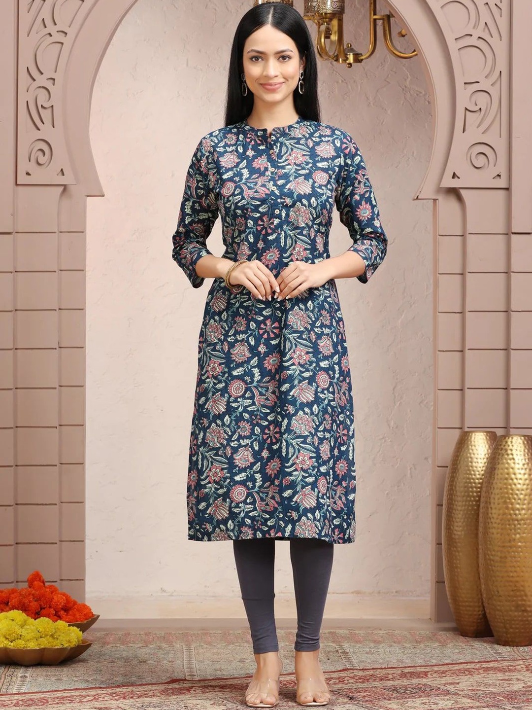 

COTTON CULTURE Floral Printed Mandarin Collar Pure Cotton Straight Kurta, Blue