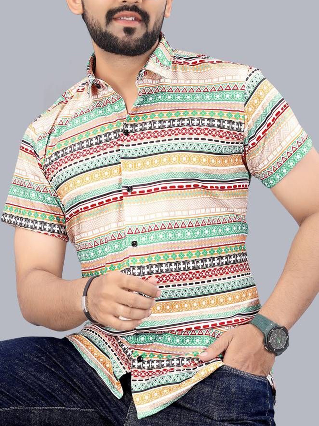 

iCome Men Spread Collar Geometric Printed Cotton Linen Casual Shirt, Beige