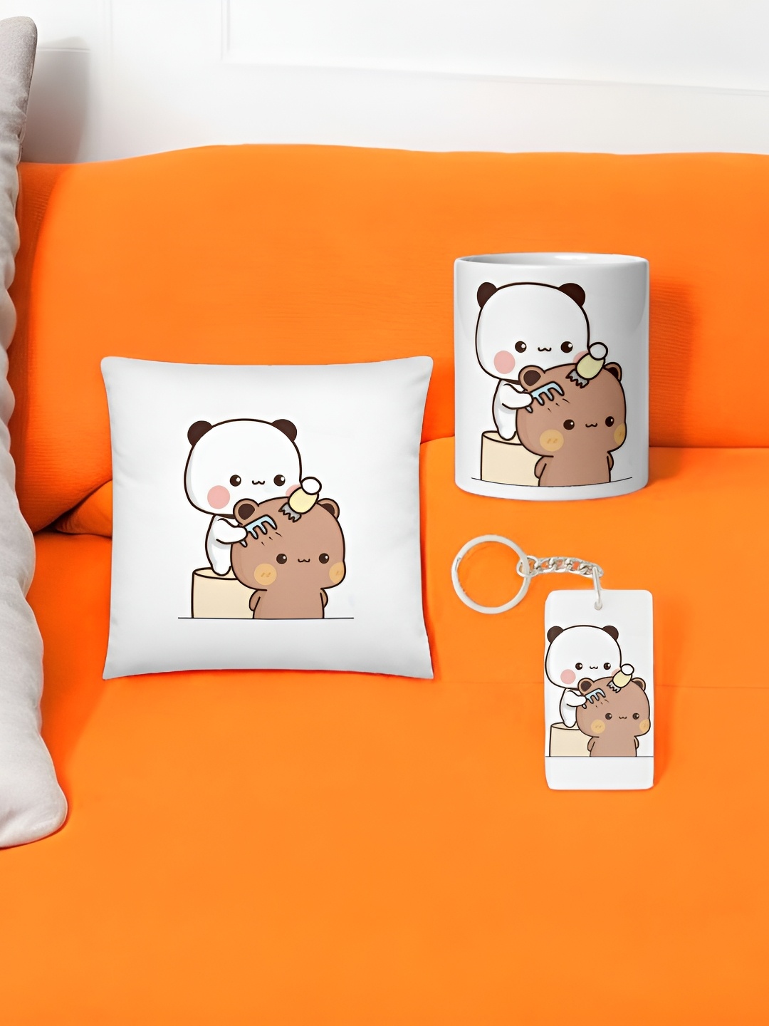 

Anikmart 3-Pieces White & Brown Printed Cushion With Mug And Key Chain