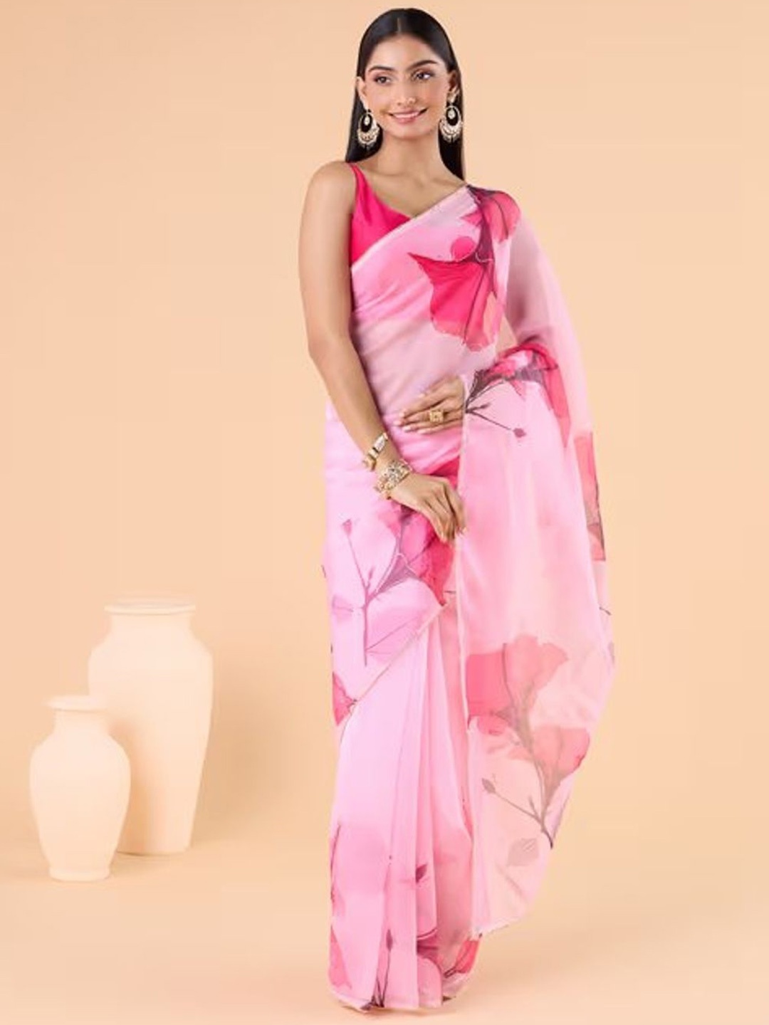 

Suha Floral Organza Saree, Pink