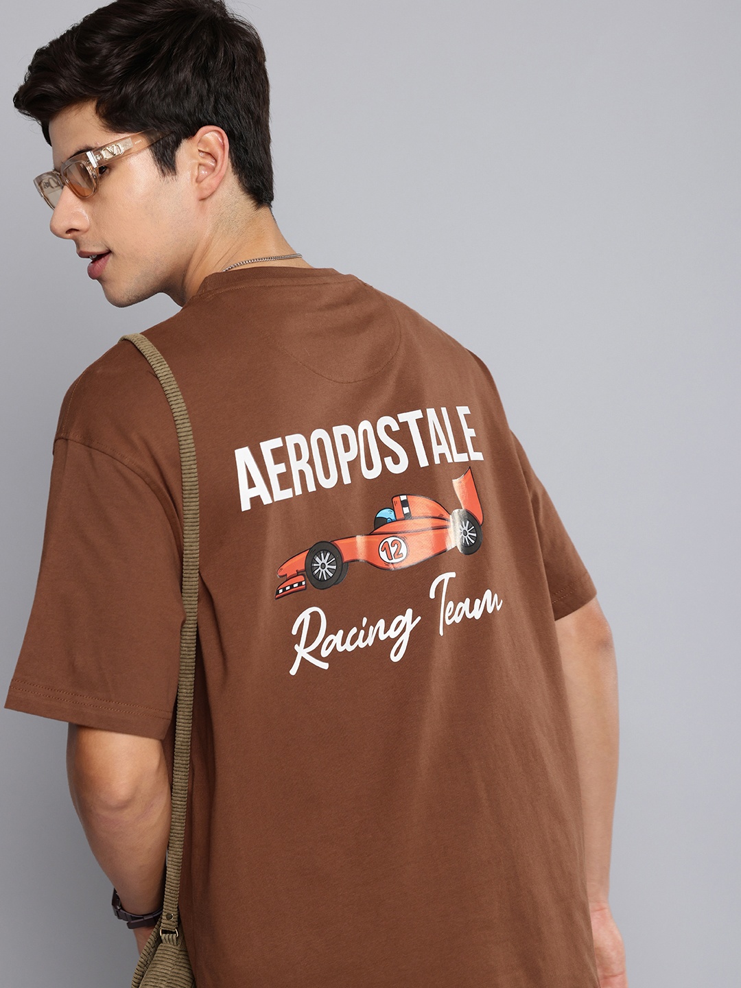 

Aeropostale Brand Logo Printed Drop-Shoulder Sleeves Pure Cotton Relaxed Fit T-shirt, Brown