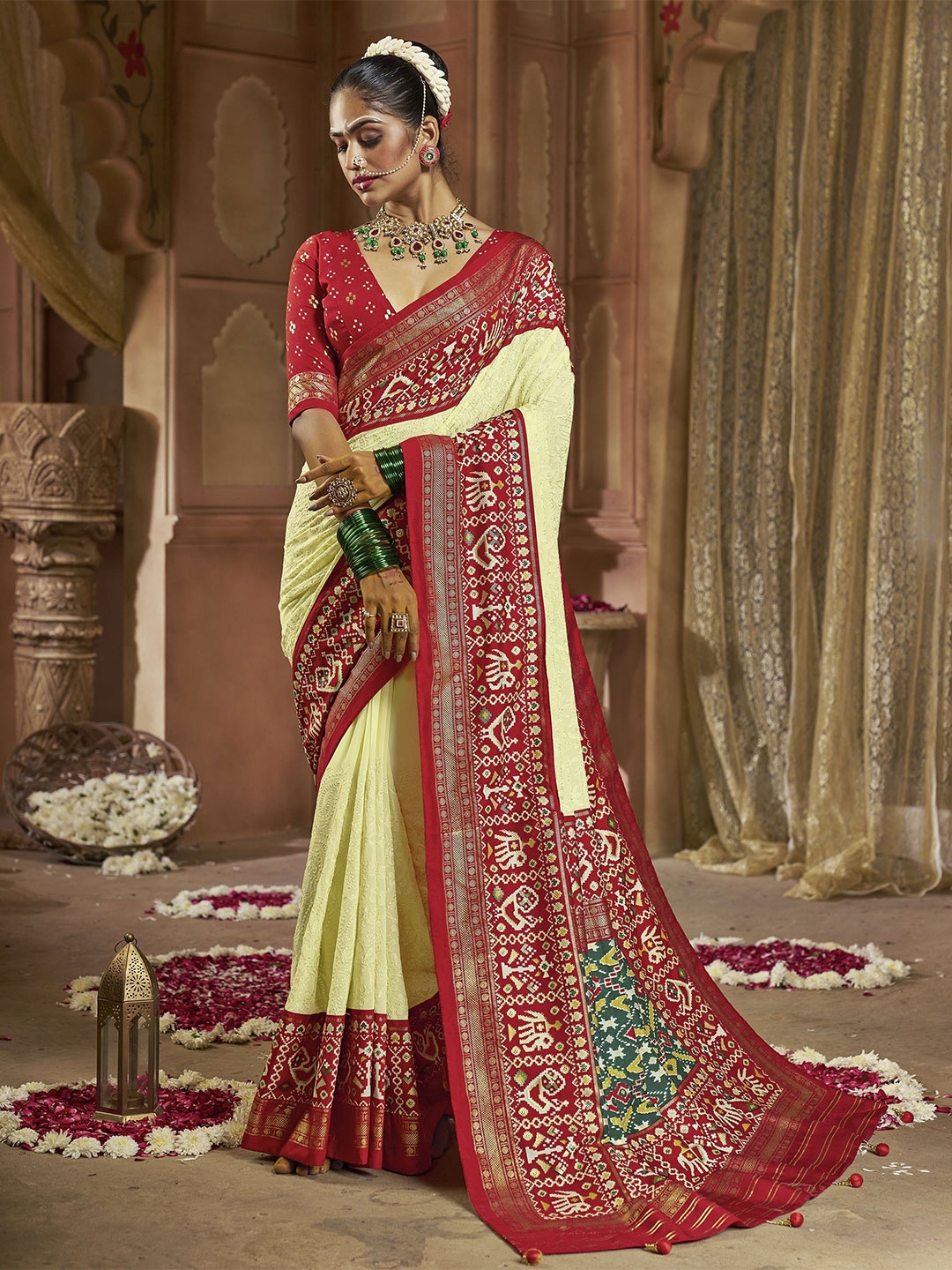 

Moda Rapido Ethnic Motifs Chikankari Pure Georgette Patola Saree, Yellow