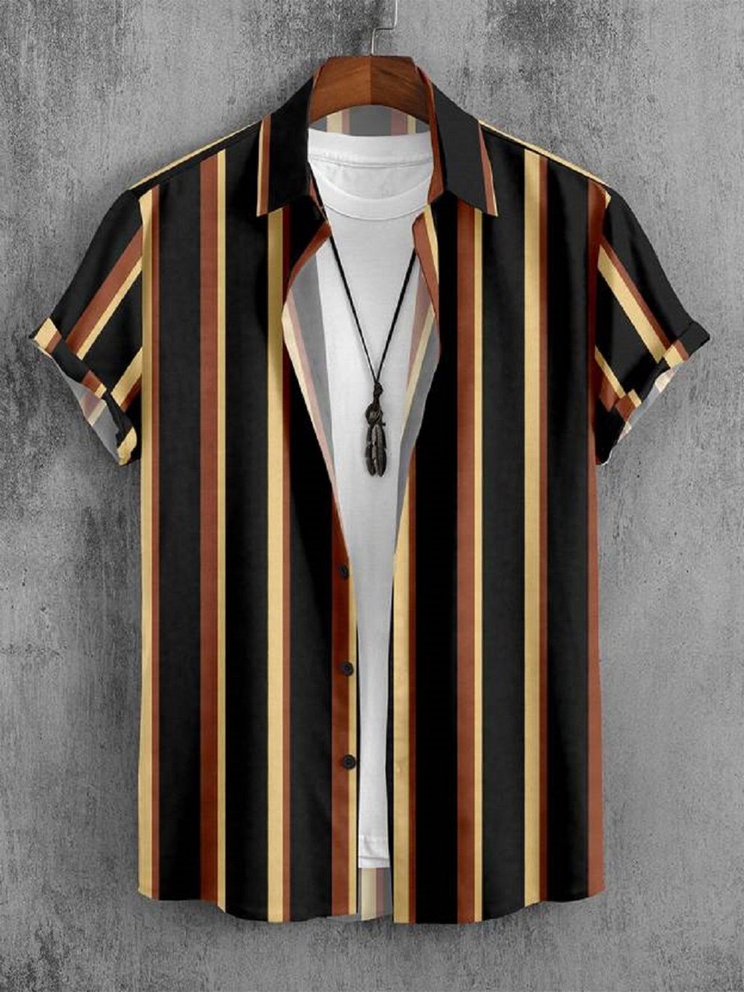 

iCome Men Spread Collar Vertical Striped Casual Shirt, Black