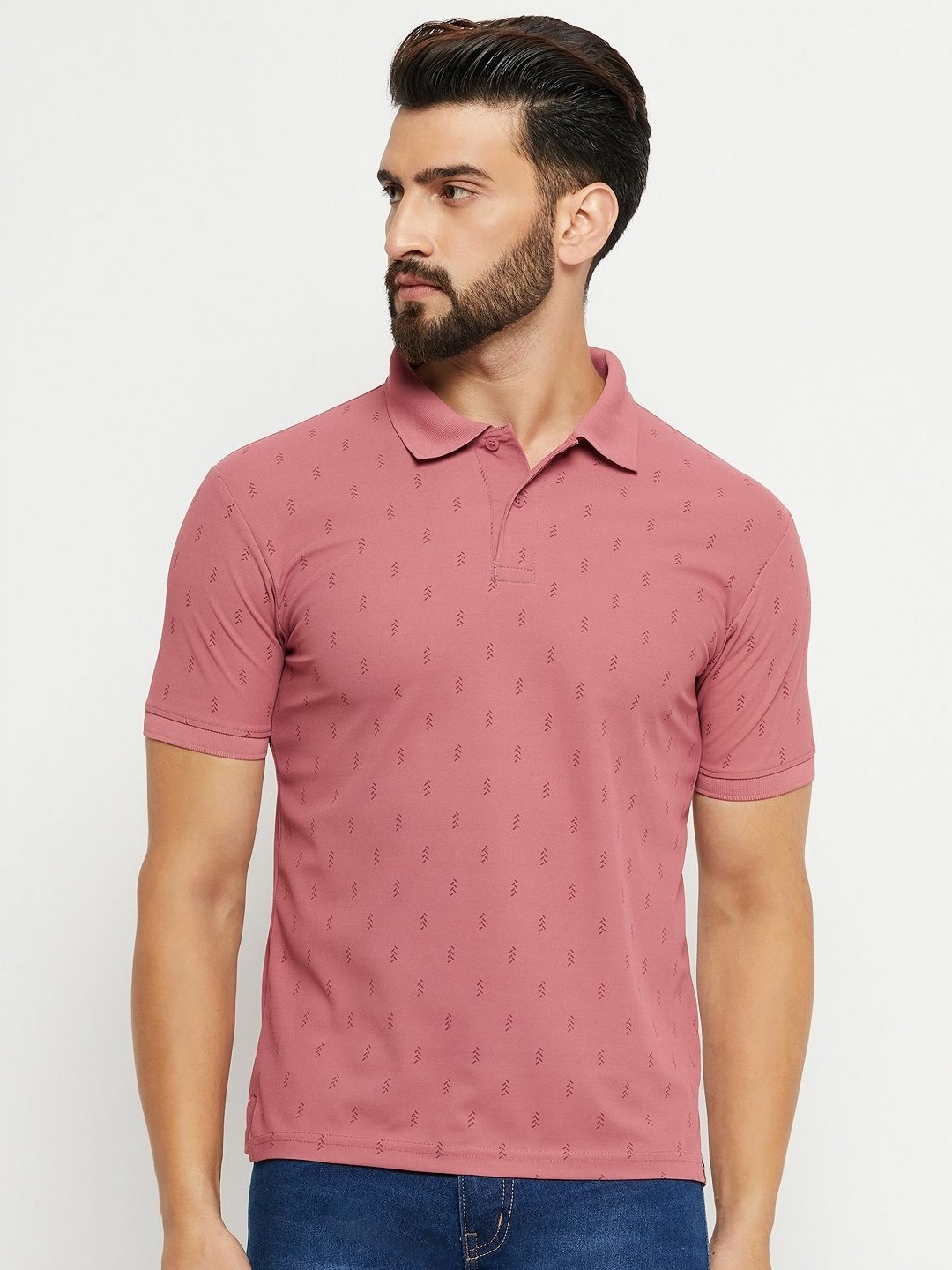 

RENUOVO Men Geometric Printed Polo Collar Cotton T-shirt, Pink