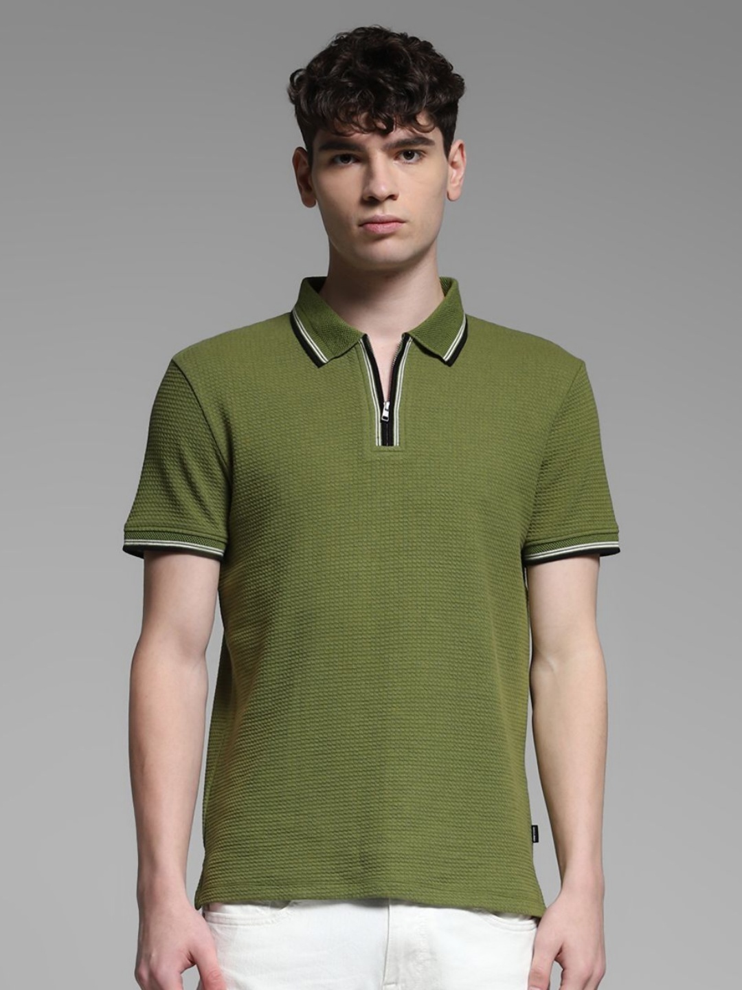 

Jack & Jones Men Self Design Polo Collar Cotton T-shirt, Green