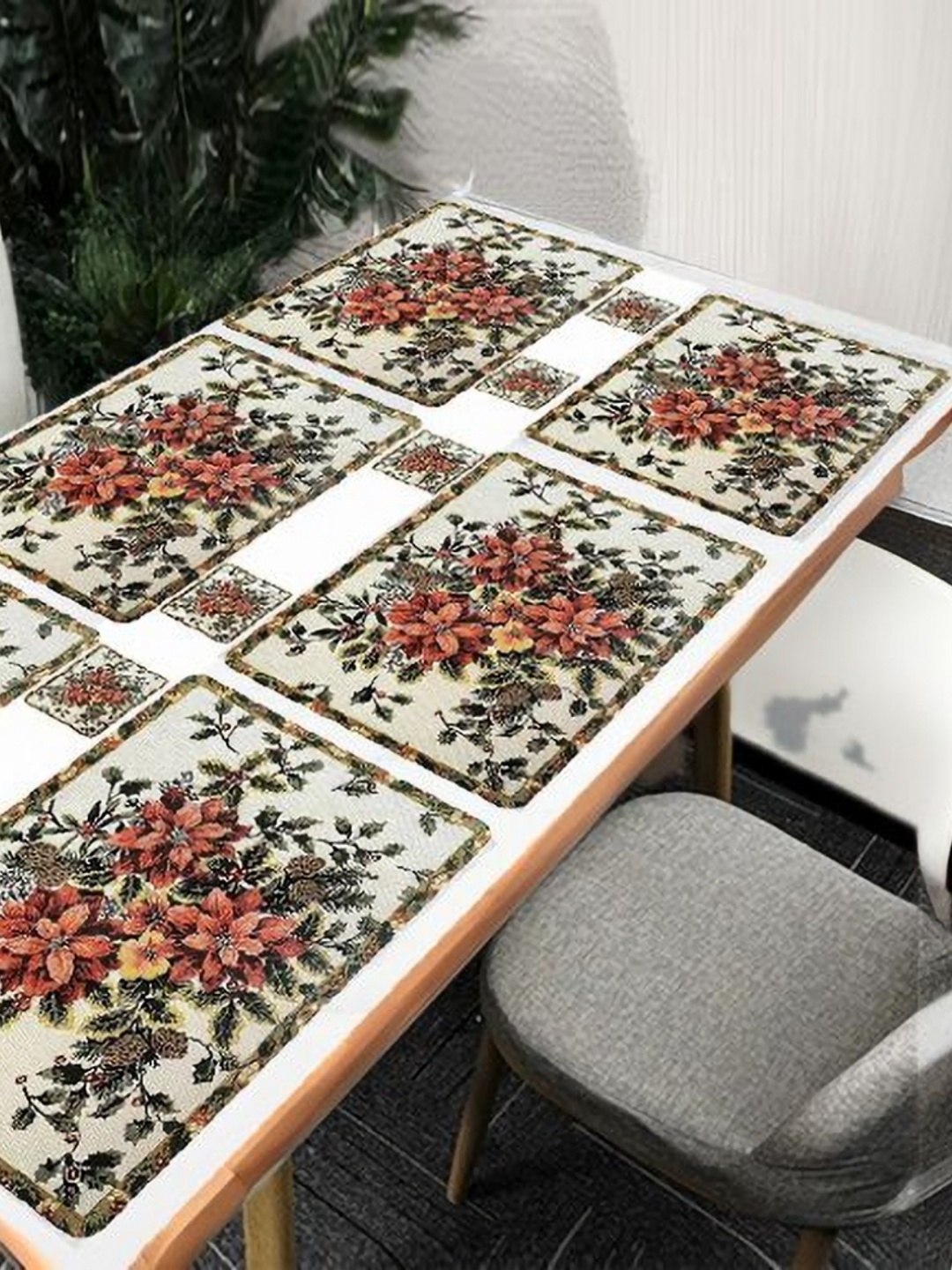 

REVEXO Beige 12 Pieces Floral Printed Rectangular Shaped Coasters & Table Placemats