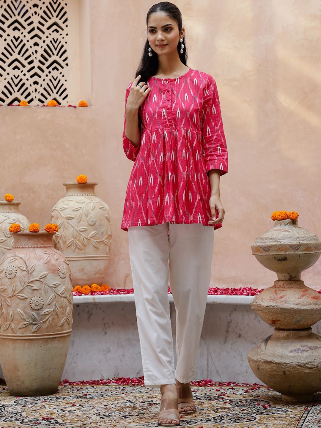 

Sangria Pink Ikat Printed Round Neck Pure Cotton Anarkali Kurti With Trousers