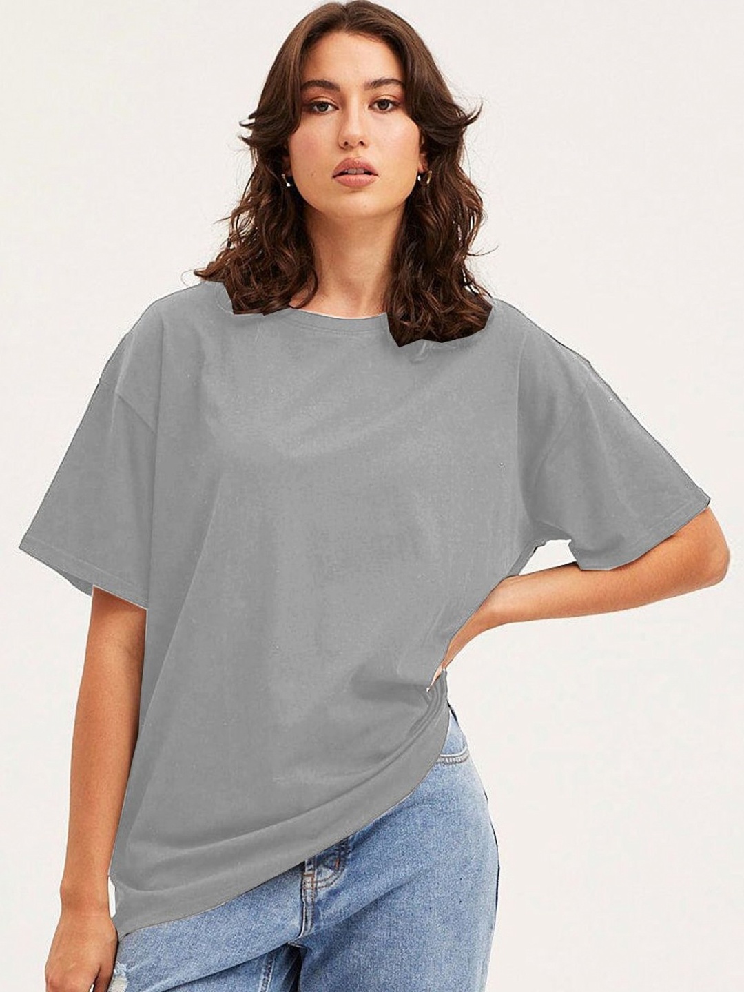 

Moda Rapido Women Solid Round Neck Cotton Oversized T-shirt, Grey