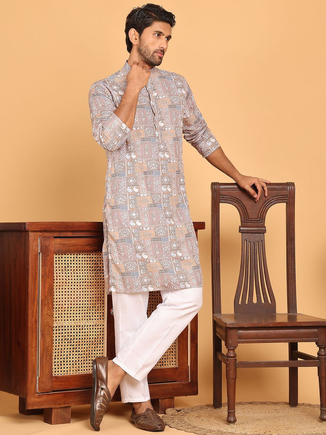 

Anouk Brown Ethnic Motifs Printed Band Collar Straight Kurta With Pyjama